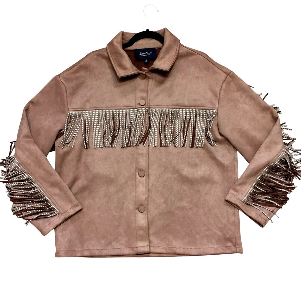 Sweet Rain Brown Faux Suede Studded Fringe Jacket Sz: L Modern Western Chic